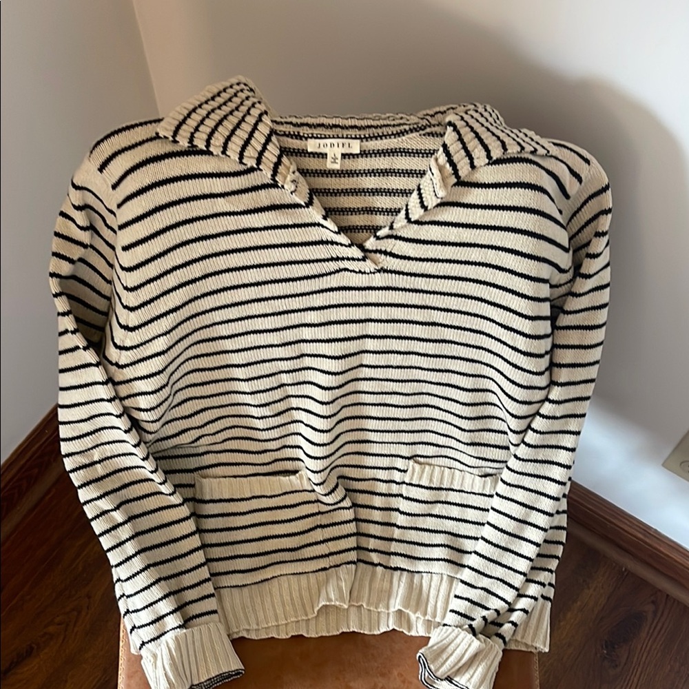 JODIFL V-Neck Sweater in Cream and Black Stripes